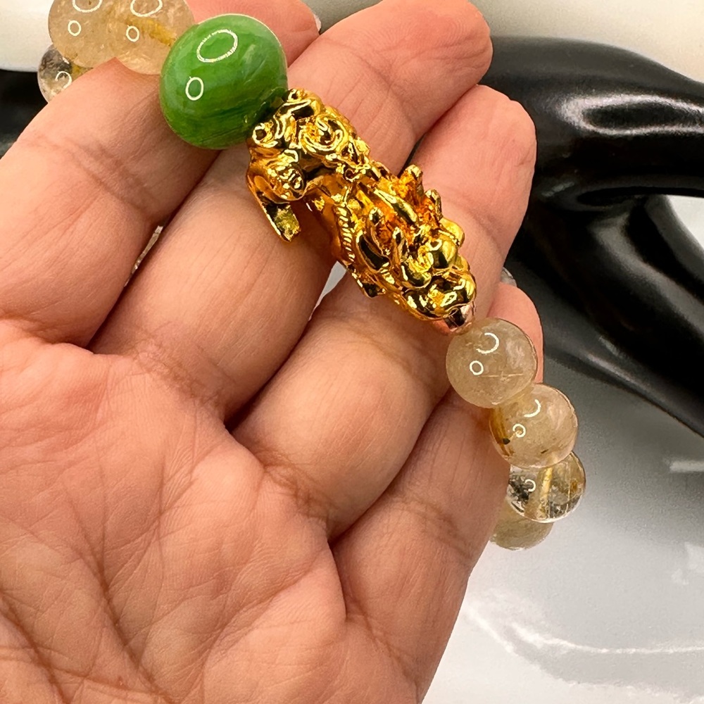 GOLD RUTILANT + GOLD PIXIU NATURAL BRACELET size 7” - Picture 9 of 12